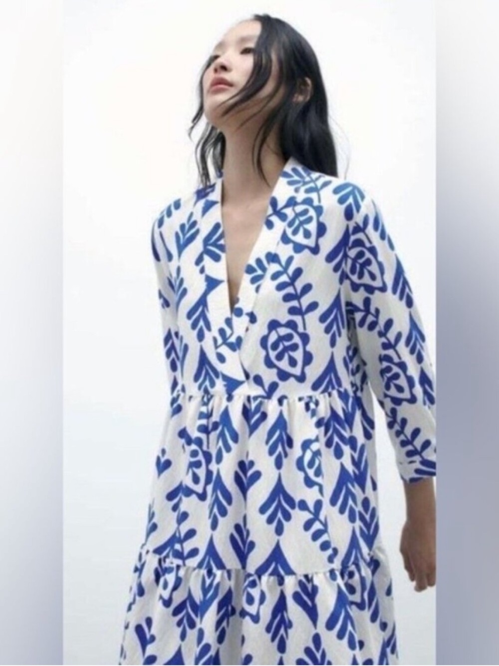 Zara Carrie White and Cobalt Blue Printed V-Neck Dress - Picture 2 of 6